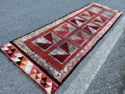 Handwoven Vintage Herki Rug: Geometric Bohemian Runner (3x10)