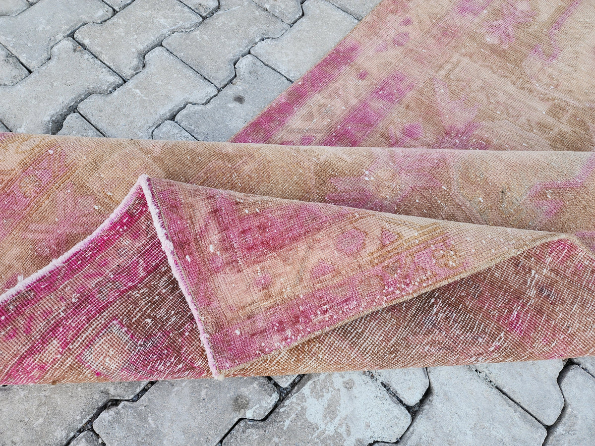 3x11 Pink Wool Turkish Runner Rug: Hand Knotted Bohemian Hallway Decor