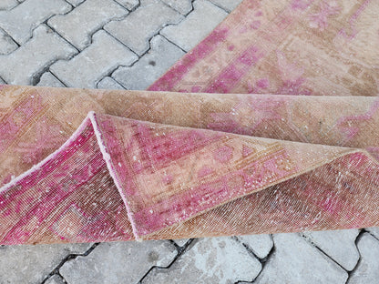 3x11 Pink Wool Turkish Runner Rug: Hand Knotted Bohemian Hallway Decor