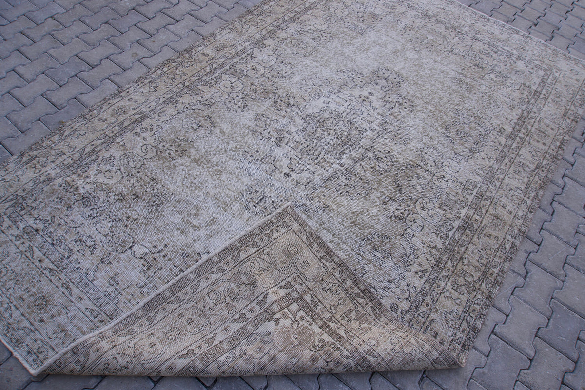 Neutral Area Rug 6x10, Handwoven Oushak Carpet, Grey Turkish Wool & Cotton