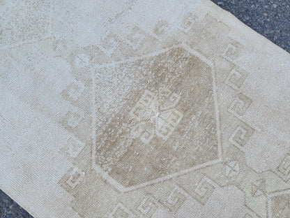 Neutral Vintage Runner Rug 2.7 x 11.3 ft, Turkish Hand Knotted Up Cycled Wool, Eco Friendly
