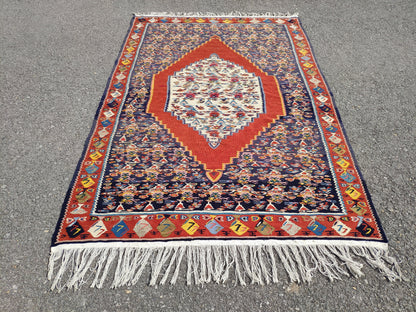 Antique Kilim Rug 4x6: Navy Blue Medallion, Oriental Style