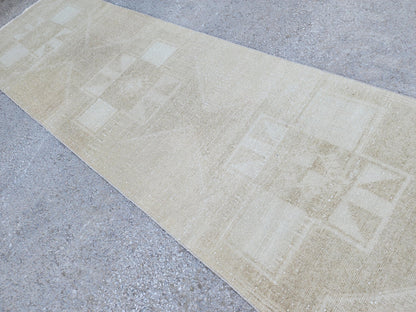 3x11 Neutral Turkish wool Runner: Hand Made Geometric Design
