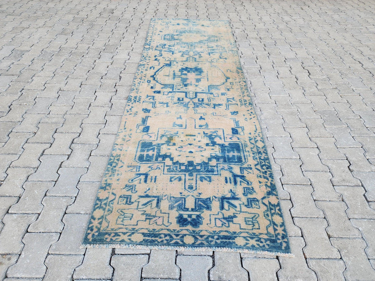 3x10 Blue Wool Turkish Runner Rug: Neutral Bohemian Hallway Decor