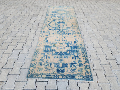 3x10 Blue Wool Turkish Runner Rug: Neutral Bohemian Hallway Decor