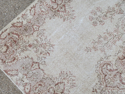 7x10 Medallion Oushak Rug: Turkish Hand Knotted, Farmhouse Beige and Faded Red Rug