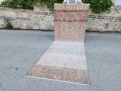 Vintage Neutral Runner Rug 3x9: Hand Knotted, Pink And Brown