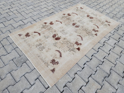 3x6 Vintage Turkish Oushak Rug: Beige Floral Entryway Rug