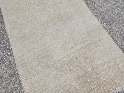 Beige Wool Runner Rug 2x11: Hand Knotted Turkish Geometric Hallway Rug