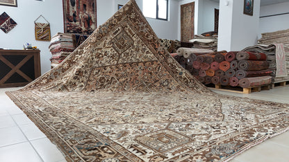 Vintage Heriz Wool Rug 9x12 ft – Hand Knotted Persian Tribal Neutral Beige Area Rug (1950s)- sku2096