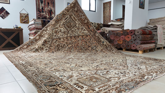 Vintage Heriz Wool Rug 9x12 ft – Hand Knotted Persian Tribal Neutral Beige Area Rug (1950s)- sku2096