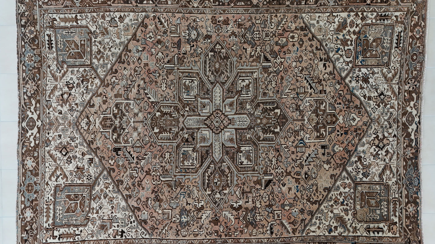 Vintage Heriz Wool Rug 9x12 ft – Hand Knotted Persian Tribal Neutral Beige Area Rug (1950s)- sku2096