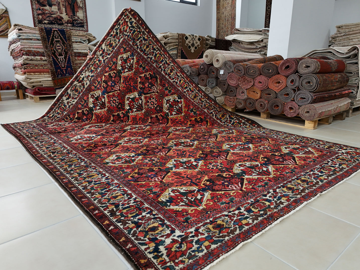 Vintage Bakhtiari Wool Rug 7x10 ft – Hand Knotted Persian Tribal Red Diamond Area Rug (1970s)- sku2101