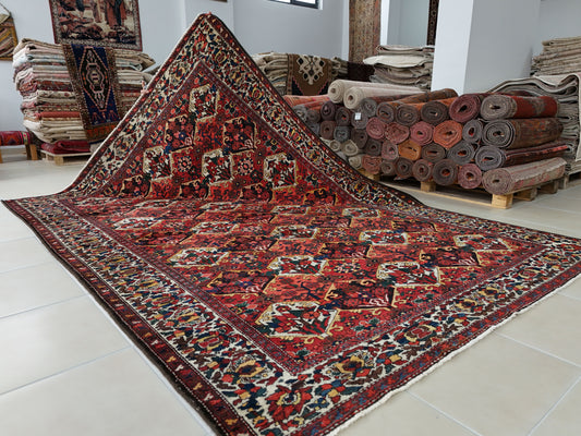 Vintage Bakhtiari Wool Rug 7x10 ft – Hand Knotted Persian Tribal Red Diamond Area Rug (1970s)- sku2101
