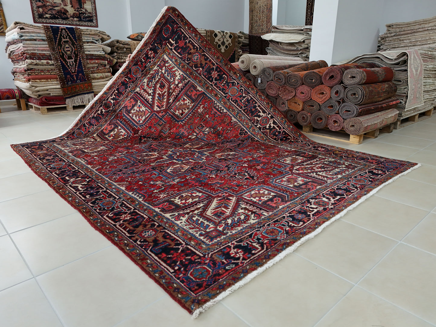 Vintage Heriz Wool Rug 8x9 ft – Hand Knotted Persian Tribal Red Blue Area Rug (1960s)