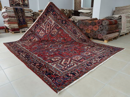 Vintage Heriz Wool Rug 8x9 ft – Hand Knotted Persian Tribal Red Blue Area Rug (1960s)