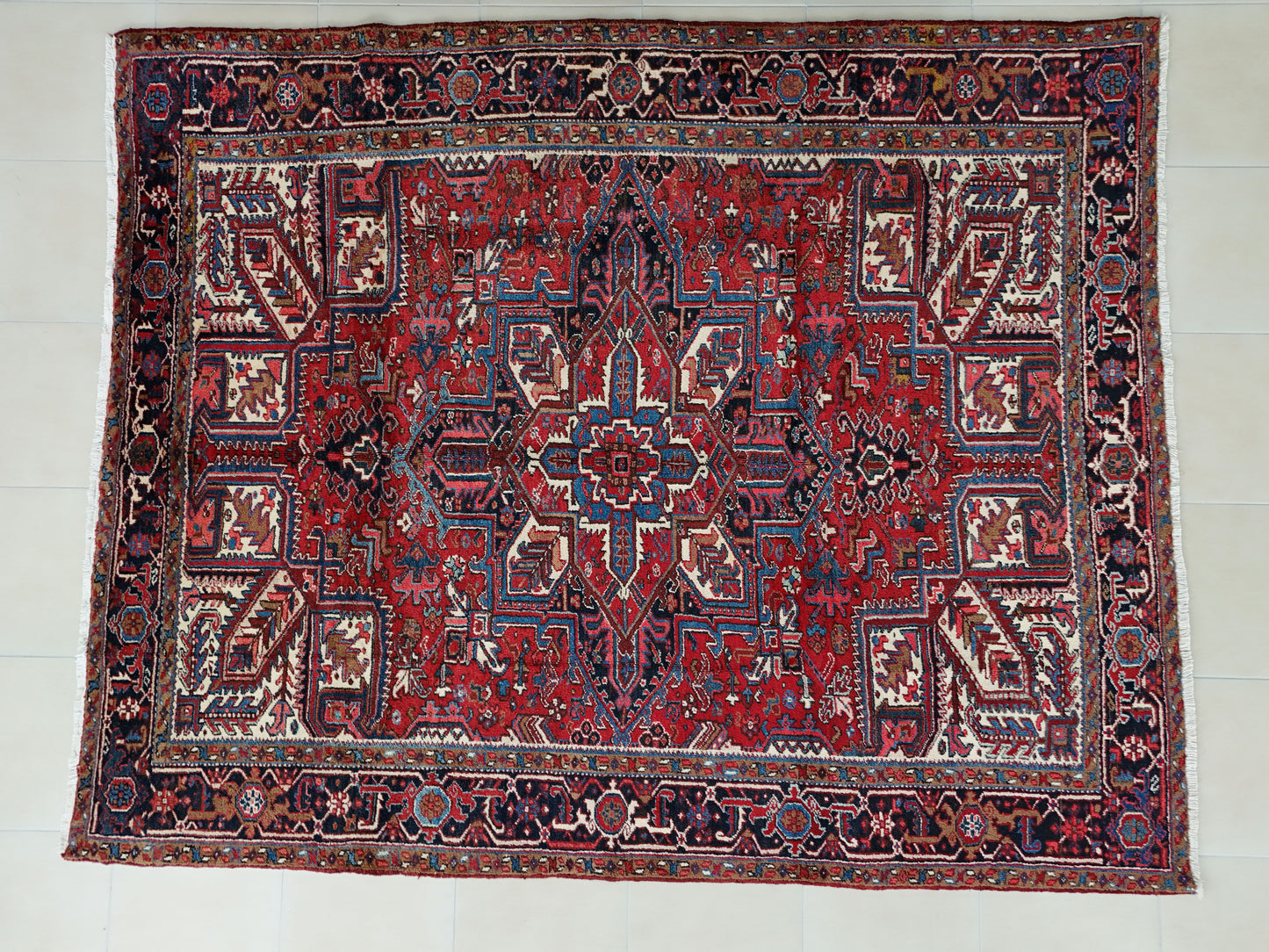 Vintage Heriz Wool Rug 8x9 ft – Hand Knotted Persian Tribal Red Blue Area Rug (1960s)