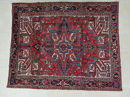 Vintage Heriz Wool Rug 8x9 ft – Hand Knotted Persian Tribal Red Blue Area Rug (1960s)