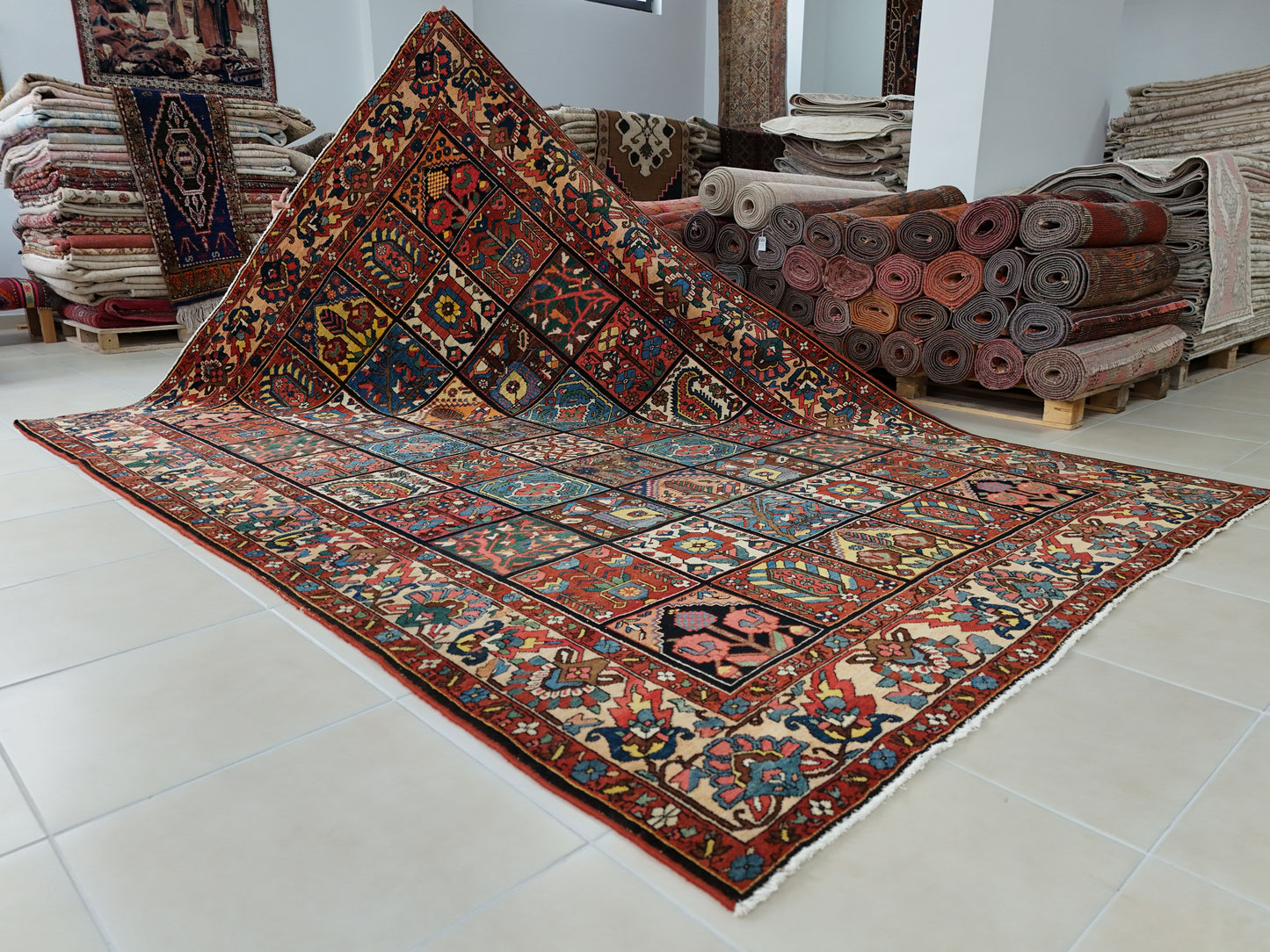 Antique Bakhtiari Wool Rug 7x10 ft – Hand Knotted Persian Garden Design Area Rug (1930s)- sku2103