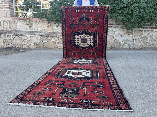 3x9 Vintage Persian Runner Rug – Hand Knotted Tribal Wool Rug, Red Hallway Rug with Geometric Motifs, 1970s- sku2048