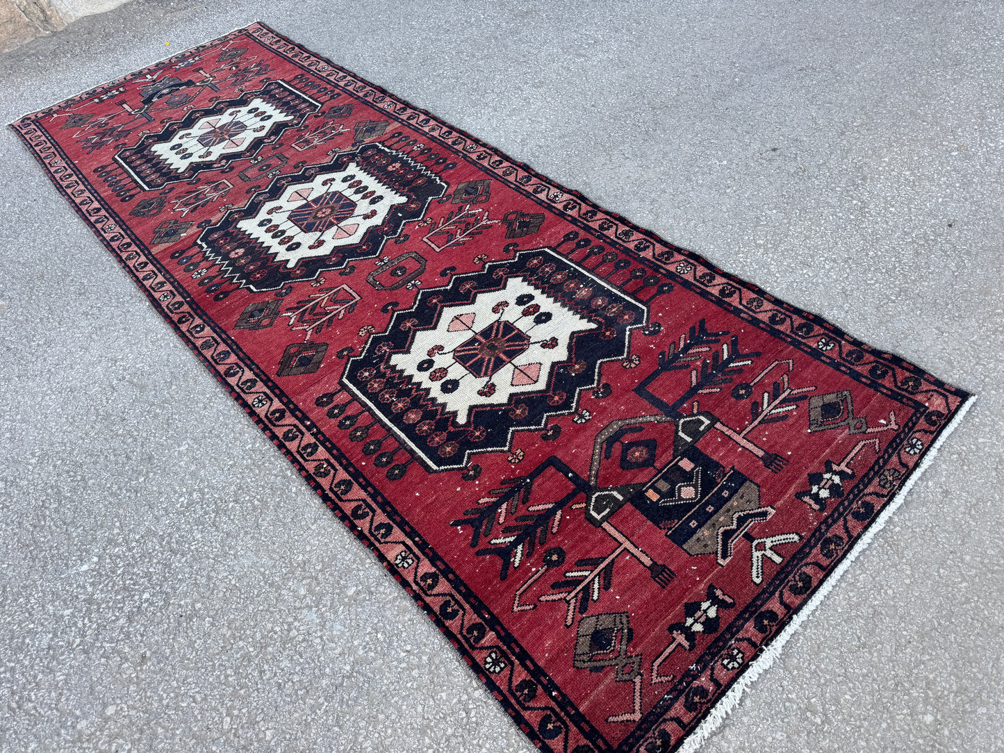 3x9 Vintage Persian Runner Rug – Hand Knotted Tribal Wool Rug, Red Hallway Rug with Geometric Motifs, 1970s- sku2048