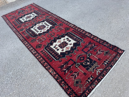 3x9 Vintage Persian Runner Rug – Hand Knotted Tribal Wool Rug, Red Hallway Rug with Geometric Motifs, 1970s- sku2048