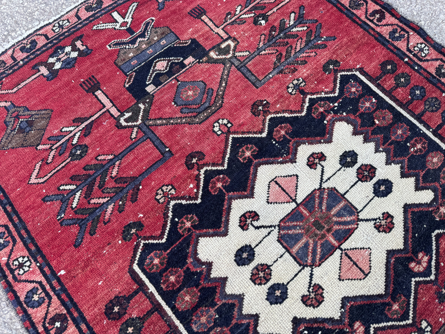 3x9 Vintage Persian Runner Rug – Hand Knotted Tribal Wool Rug, Red Hallway Rug with Geometric Motifs, 1970s- sku2048