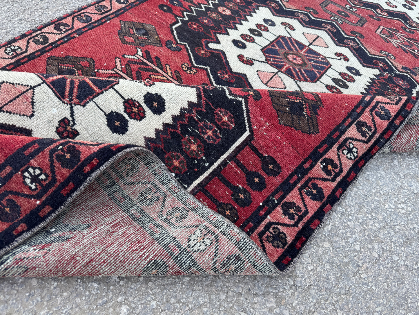 3x9 Vintage Persian Runner Rug – Hand Knotted Tribal Wool Rug, Red Hallway Rug with Geometric Motifs, 1970s- sku2048