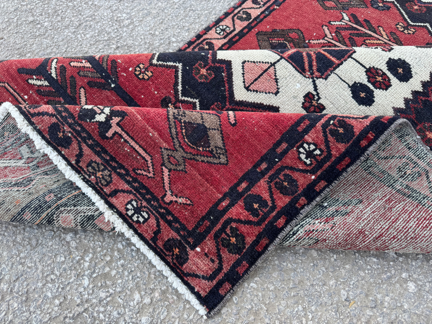 3x9 Vintage Persian Runner Rug – Hand Knotted Tribal Wool Rug, Red Hallway Rug with Geometric Motifs, 1970s- sku2048
