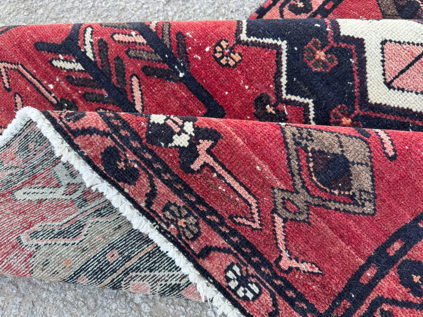3x9 Vintage Persian Runner Rug – Hand Knotted Tribal Wool Rug, Red Hallway Rug with Geometric Motifs, 1970s- sku2048