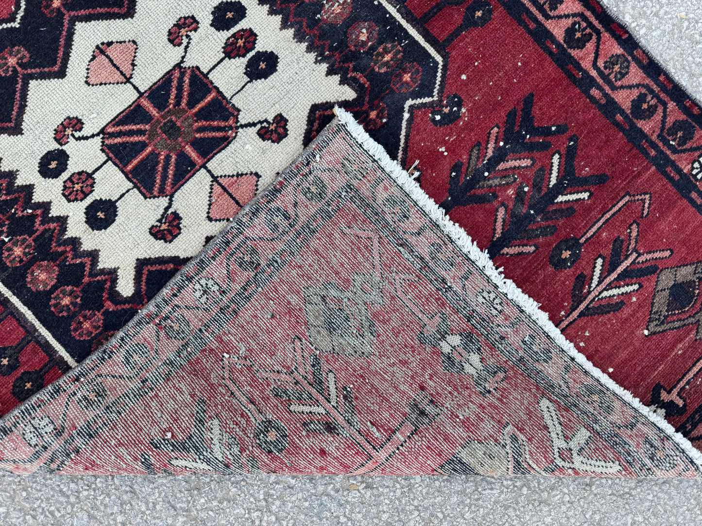 3x9 Vintage Persian Runner Rug – Hand Knotted Tribal Wool Rug, Red Hallway Rug with Geometric Motifs, 1970s- sku2048