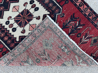 3x9 Vintage Persian Runner Rug – Hand Knotted Tribal Wool Rug, Red Hallway Rug with Geometric Motifs, 1970s- sku2048