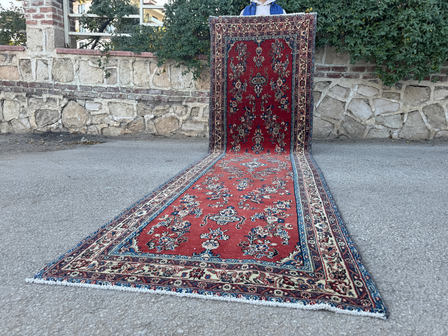 3x12 Vintage Runner Rug – Hand Knotted Wool Rug, Red Floral Persian Style Hallway Rug, 1970s Extra Long Runner- sku2051