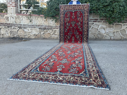 3x12 Vintage Runner Rug – Hand Knotted Wool Rug, Red Floral Persian Style Hallway Rug, 1970s Extra Long Runner- sku2051