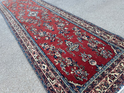 3x12 Vintage Runner Rug – Hand Knotted Wool Rug, Red Floral Persian Style Hallway Rug, 1970s Extra Long Runner- sku2051