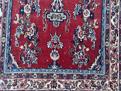 3x12 Vintage Runner Rug – Hand Knotted Wool Rug, Red Floral Persian Style Hallway Rug, 1970s Extra Long Runner- sku2051