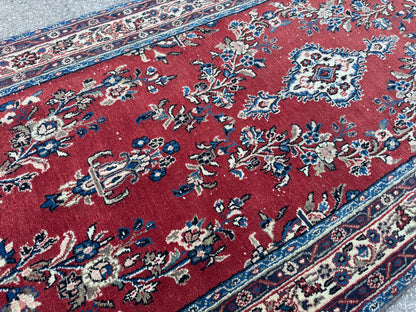 3x12 Vintage Runner Rug – Hand Knotted Wool Rug, Red Floral Persian Style Hallway Rug, 1970s Extra Long Runner- sku2051