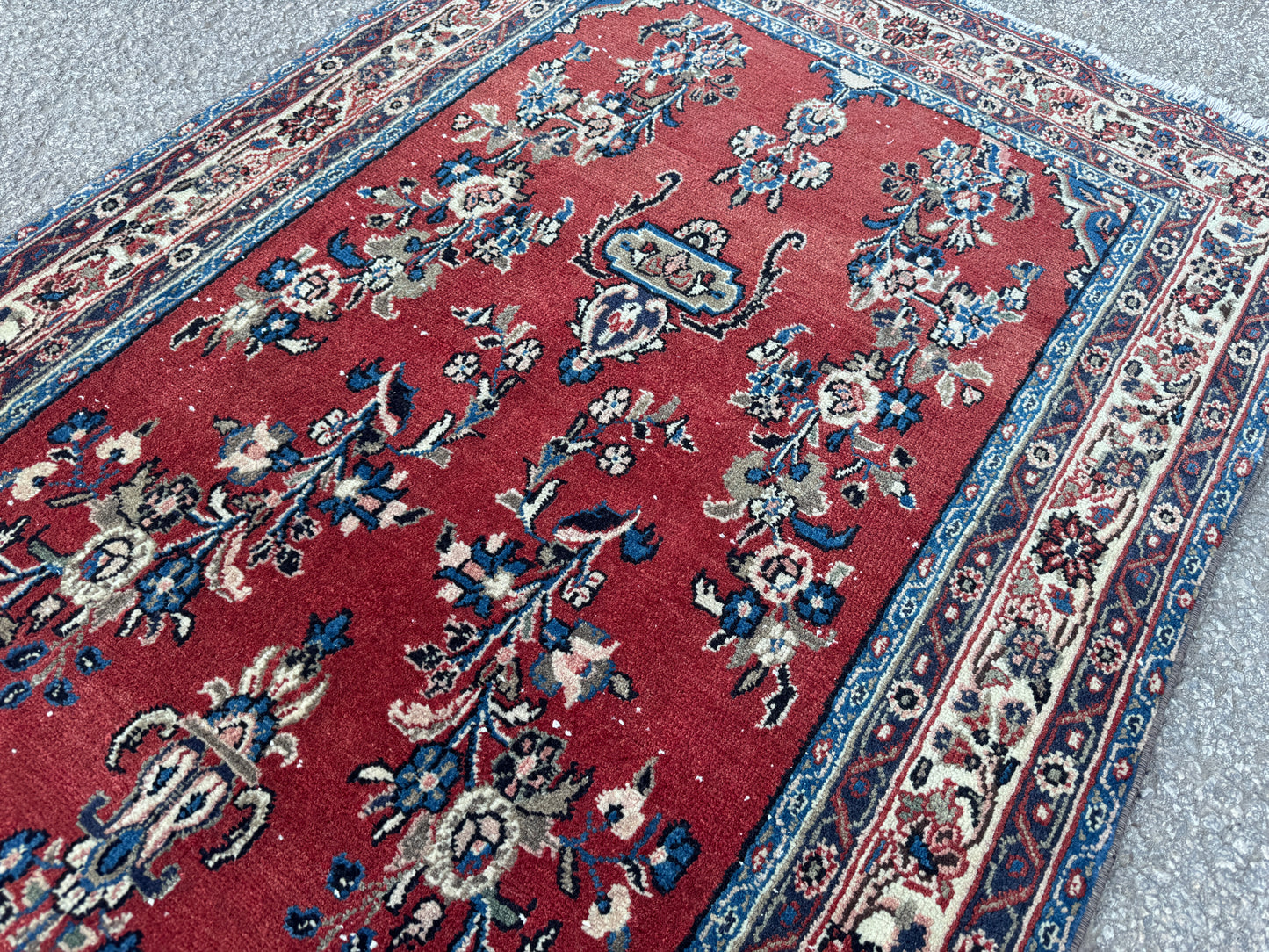 3x12 Vintage Runner Rug – Hand Knotted Wool Rug, Red Floral Persian Style Hallway Rug, 1970s Extra Long Runner- sku2051