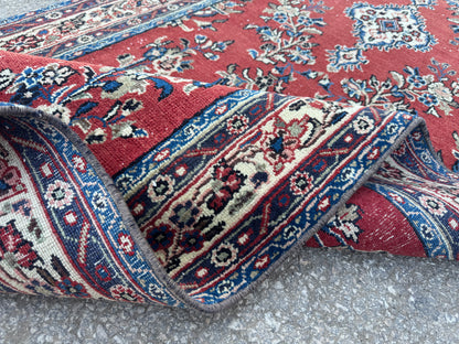 3x12 Vintage Runner Rug – Hand Knotted Wool Rug, Red Floral Persian Style Hallway Rug, 1970s Extra Long Runner- sku2051