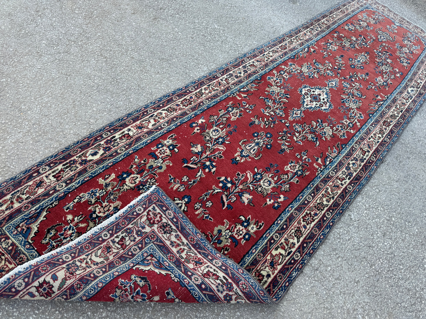 3x12 Vintage Runner Rug – Hand Knotted Wool Rug, Red Floral Persian Style Hallway Rug, 1970s Extra Long Runner- sku2051
