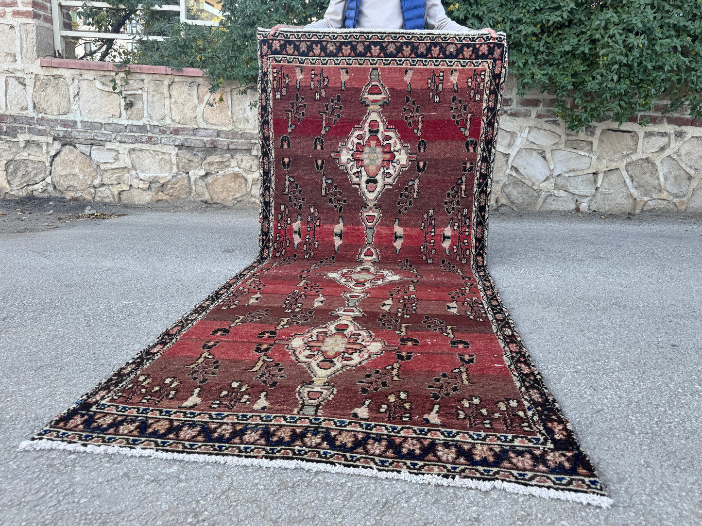 4x9 Vintage Persian Runner Rug – Hand Knotted Wool Rug, Burgundy Aged Hallway Rug, 1960s Classic Runner- sku2053