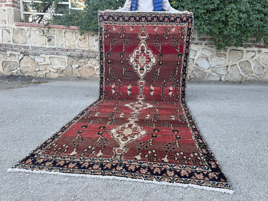 4x9 Vintage Persian Runner Rug – Hand Knotted Wool Rug, Burgundy Aged Hallway Rug, 1960s Classic Runner- sku2053