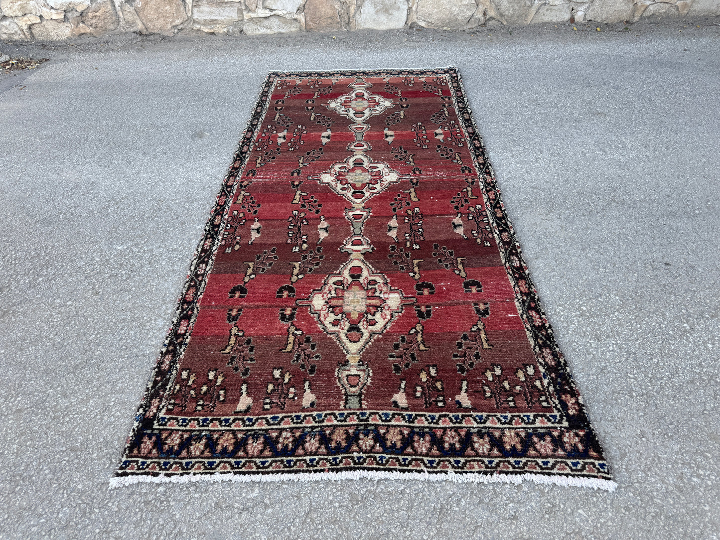4x9 Vintage Persian Runner Rug – Hand Knotted Wool Rug, Burgundy Aged Hallway Rug, 1960s Classic Runner- sku2053