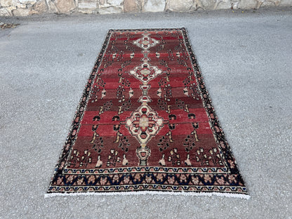 4x9 Vintage Persian Runner Rug – Hand Knotted Wool Rug, Burgundy Aged Hallway Rug, 1960s Classic Runner- sku2053
