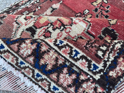 4x9 Vintage Persian Runner Rug – Hand Knotted Wool Rug, Burgundy Aged Hallway Rug, 1960s Classic Runner- sku2053
