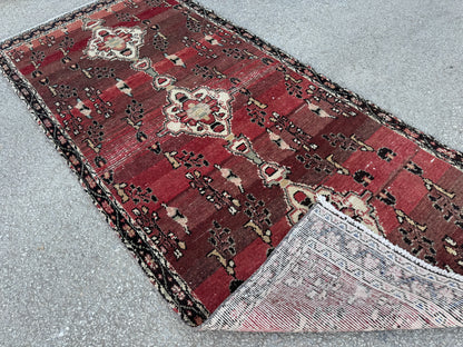 4x9 Vintage Persian Runner Rug – Hand Knotted Wool Rug, Burgundy Aged Hallway Rug, 1960s Classic Runner- sku2053