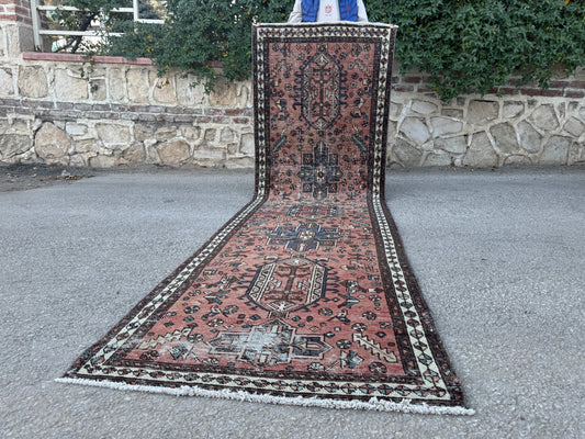 3x11 Vintage Heriz Runner Rug – Hand Knotted Persian Wool Rug, Faded Tribal Hallway Rug, 1970s Antique Style Runner- sku2055