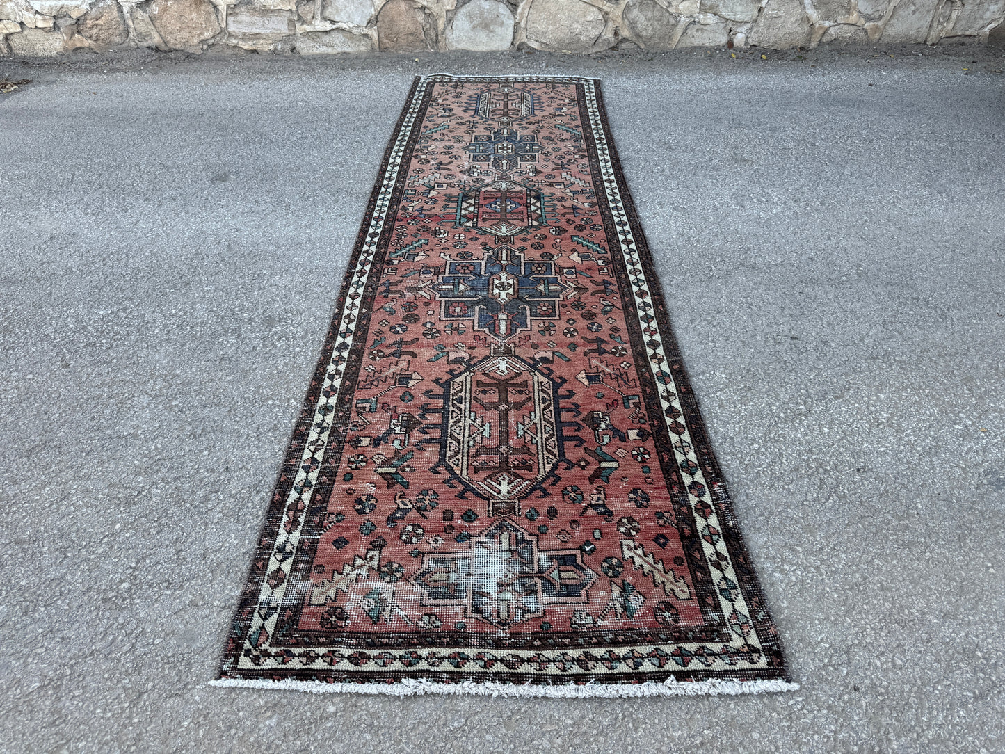3x11 Vintage Heriz Runner Rug – Hand Knotted Persian Wool Rug, Faded Tribal Hallway Rug, 1970s Antique Style Runner- sku2055