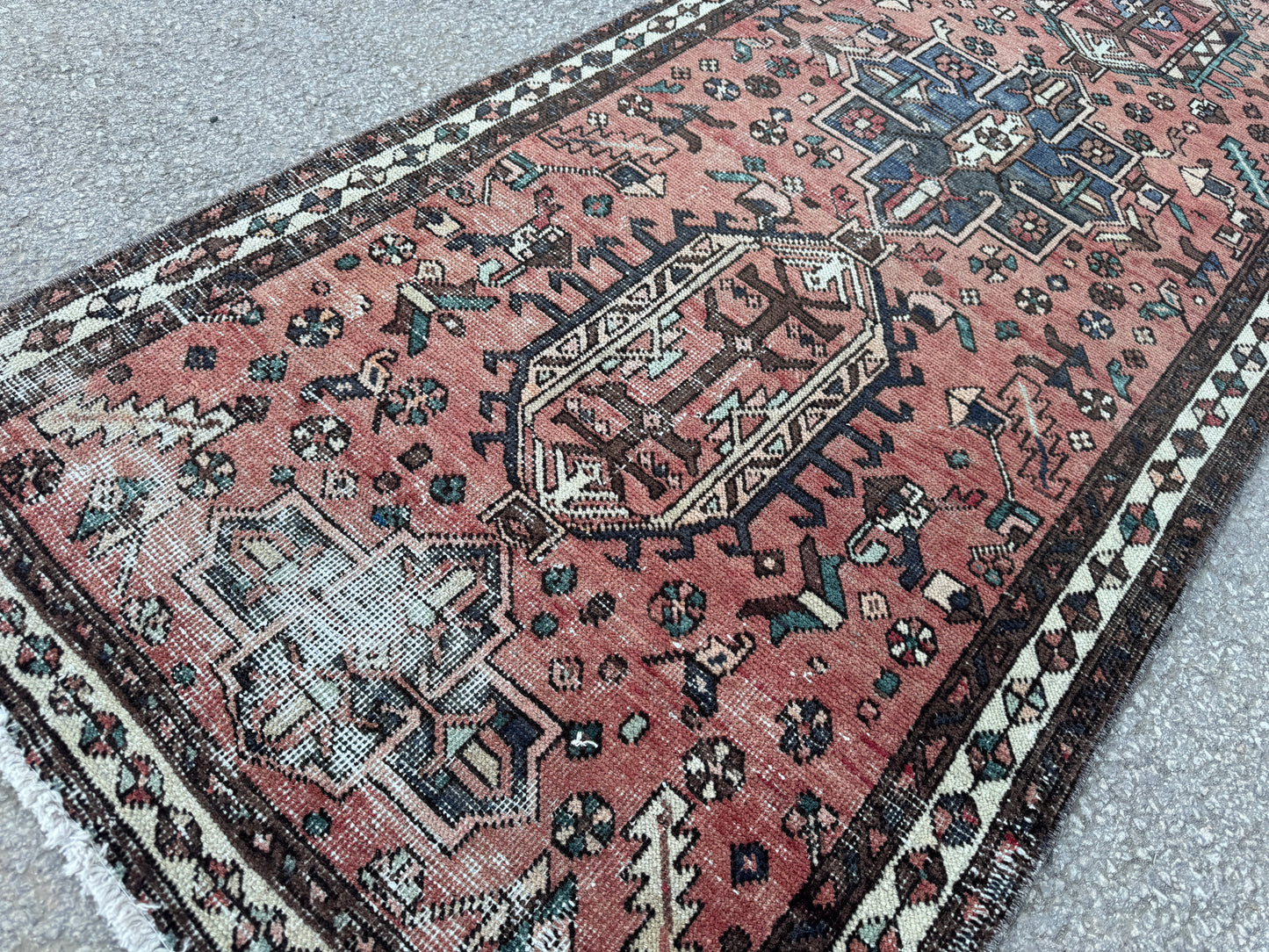 3x11 Vintage Heriz Runner Rug – Hand Knotted Persian Wool Rug, Faded Tribal Hallway Rug, 1970s Antique Style Runner- sku2055