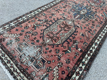3x11 Vintage Heriz Runner Rug – Hand Knotted Persian Wool Rug, Faded Tribal Hallway Rug, 1970s Antique Style Runner- sku2055